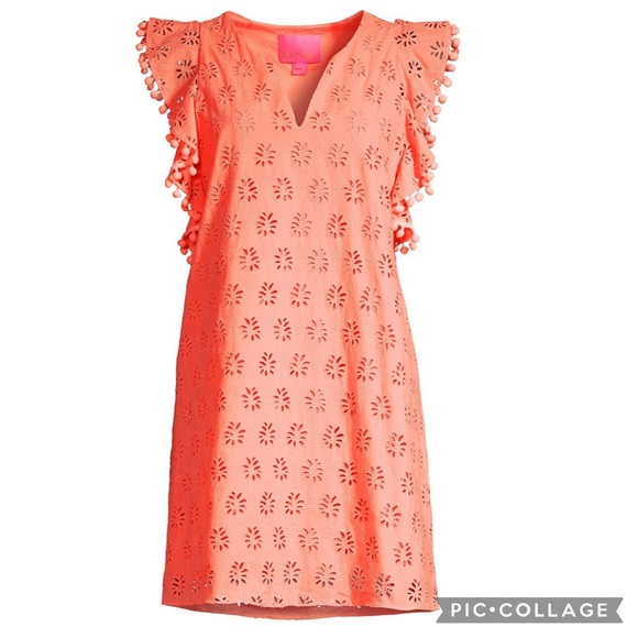 Lilly Pulitzer Astara Dress in Peach Flamingo Lilly Palm Tree Eyelet Size XXS - Picture 1 of 9